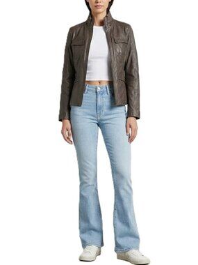 Danier Brown Leather Jacket XS Fitted Mock Neck Tailored EUC